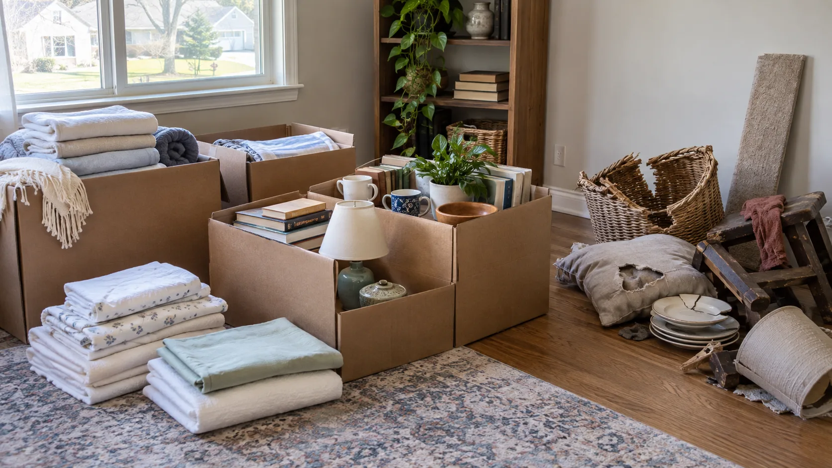 Household items sorted into donation and discard groups