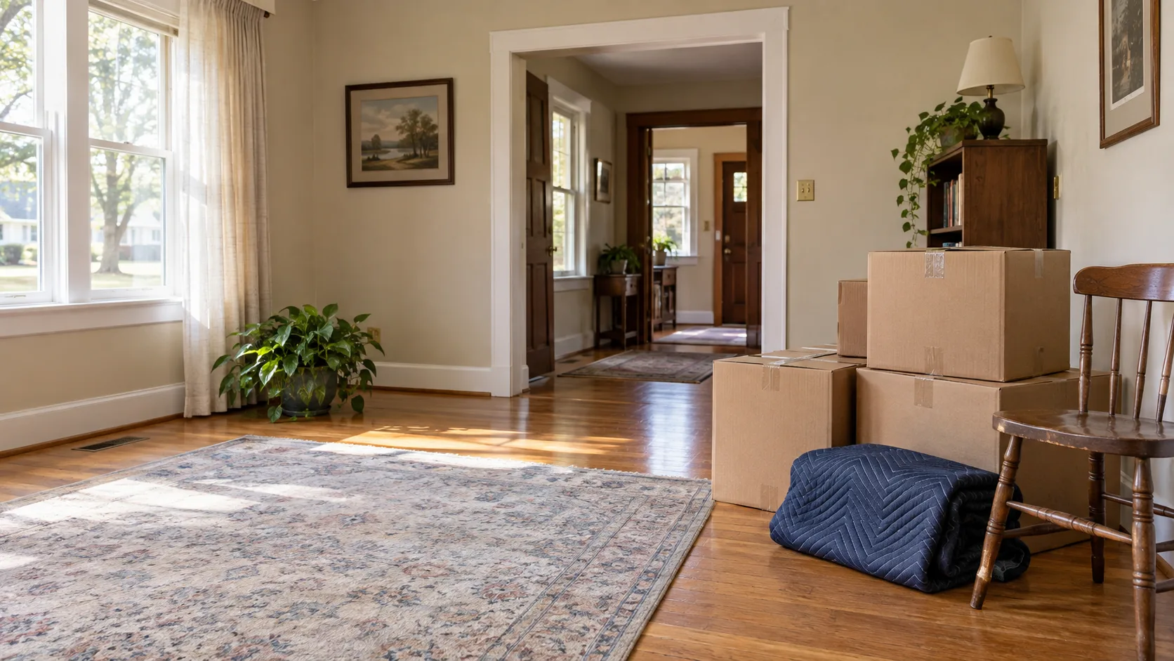 Illustrative living room prepared for an estate cleanout with boxes and a moving blanket