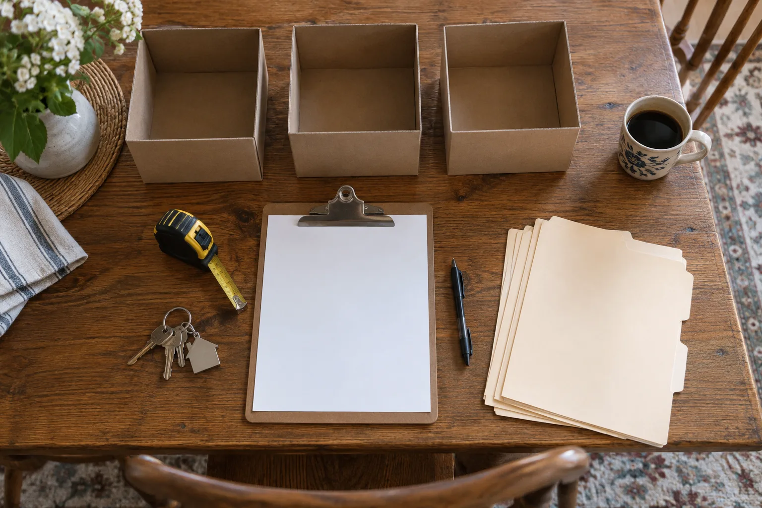 Illustrative estate cleanout planning table with clipboard, keys, folders, and sorting boxes